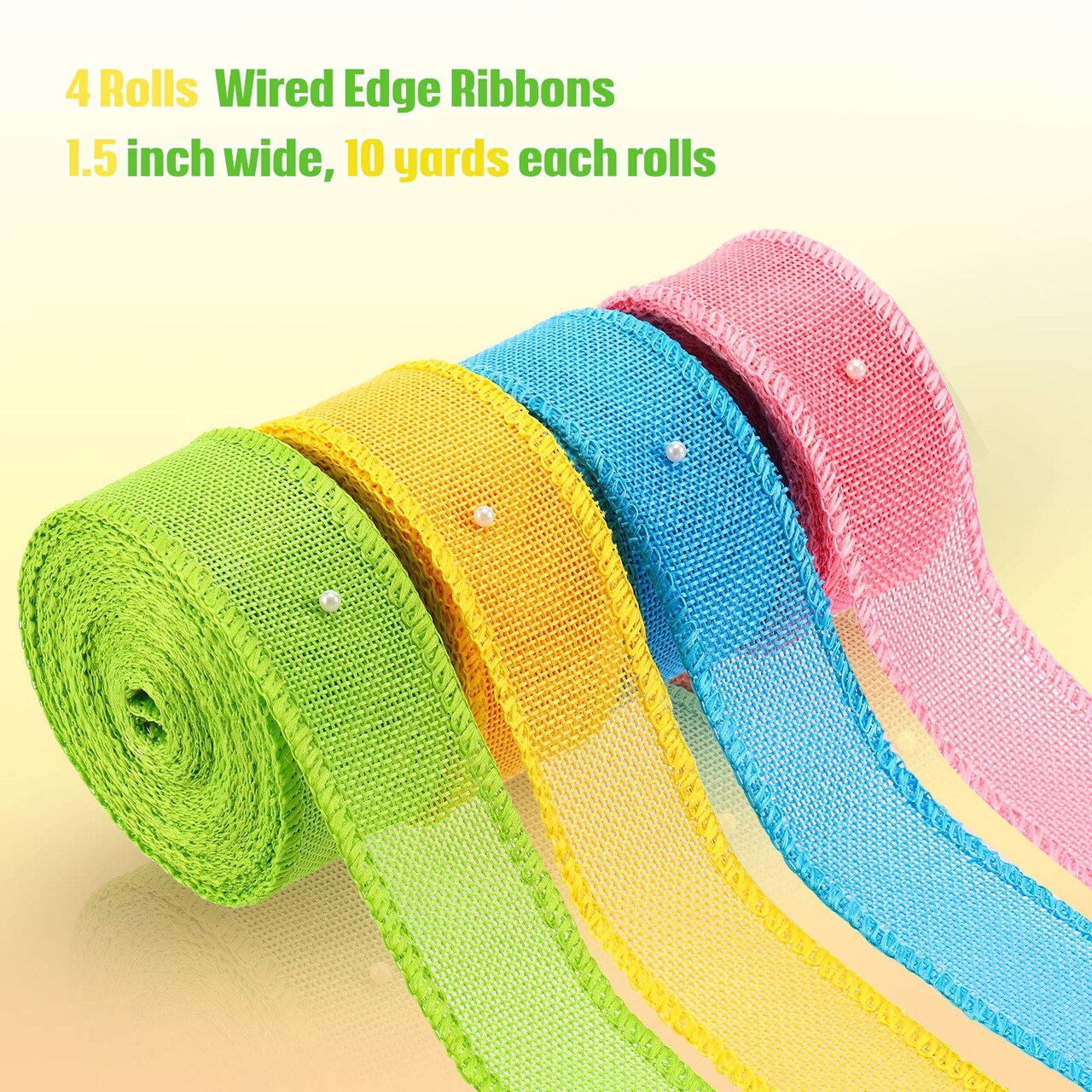4 Rolls Easter Burlap Wired Ribbons, Solid Wired Edge Ribbon, Wrapping Burlap Ribbon, Burlap Wired Ribbon for Wreaths Home Decor DIY Crafts (Blue, Light Green, Light Yellow, Pink,1-1/2 Inch)